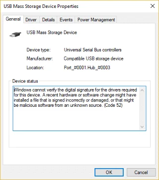 Betulkan Kod Ralat USB 52 Windows tidak boleh mengesahkan tandatangan digital Betulkan Kod Ralat USB 52 Windows tidak boleh mengesahkan tandatangan digital
