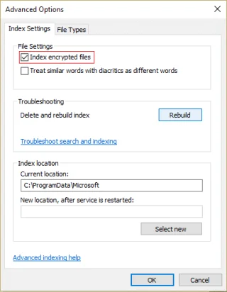 Schakel indexering van gecodeerde bestanden in Windows 10 in of uit