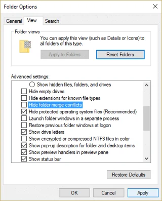 在 Windows 10 中顯示或隱藏文件夾合併衝突