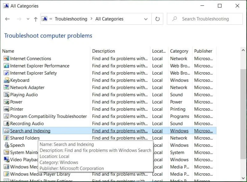 Fix Zoeken werkt niet in Windows 10