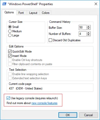 Schakel verouderde console in of uit voor opdrachtprompt en PowerShell in Windows 10