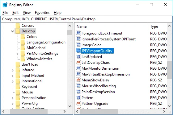تعطيل تخفيض جودة JPEG لخلفية سطح المكتب في نظام التشغيل Windows 10