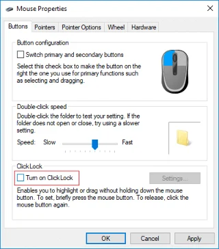 Schakel Mouse ClickLock in of uit in Windows 10
