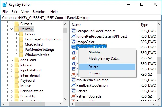 تعطيل تخفيض جودة JPEG لخلفية سطح المكتب في نظام التشغيل Windows 10