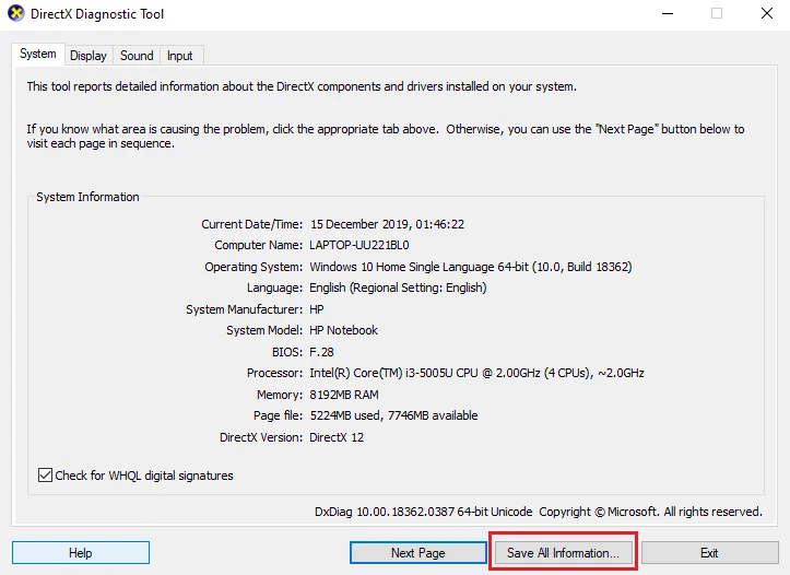 Cara menggunakan Alat Diagnostik DirectX dalam Windows 10