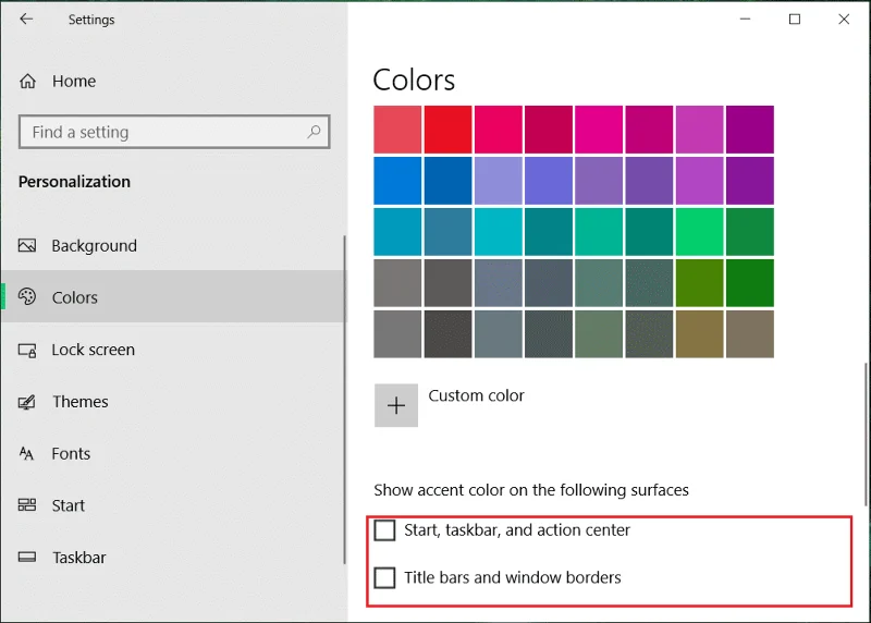 在 Windows 10 中更改開始菜單、任務欄、操作中心和標題欄的顏色