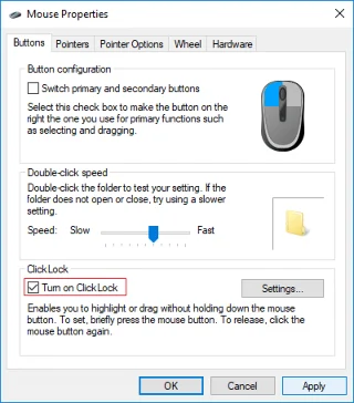 Schakel Mouse ClickLock in of uit in Windows 10