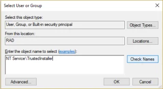 Restaurar TrustedInstaller como propietario del archivo en Windows 10