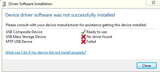 Installatie van MTP USB-apparaatstuurprogramma mislukt