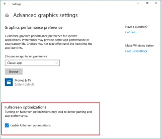 Optimalisaties op volledig scherm uitschakelen in Windows 10