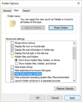 Samenvoegconflicten voor mappen weergeven of verbergen in Windows 10