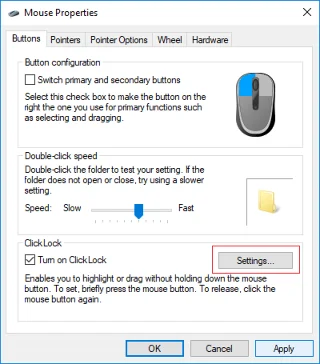 Schakel Mouse ClickLock in of uit in Windows 10