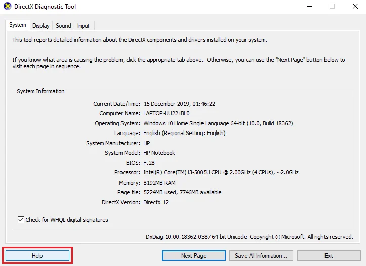 Cara menggunakan Alat Diagnostik DirectX dalam Windows 10