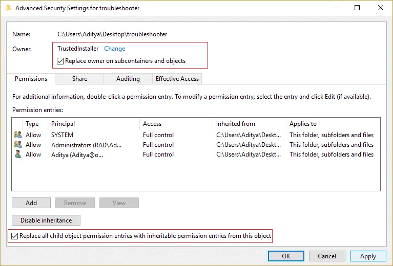Herstel TrustedInstaller als bestandseigenaar in Windows 10