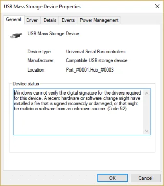Fix USB Error Code 52 Windows kan de digitale handtekening niet verifiëren