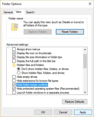 在 Windows 10 中顯示或隱藏文件夾合併衝突
