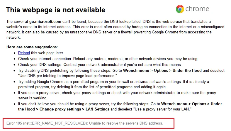修復 Google Chrome 中的錯誤代碼 105