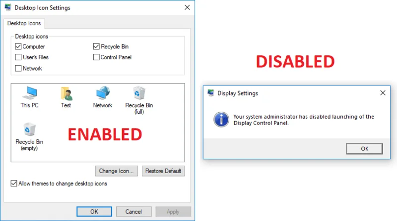 منع المستخدم من تغيير رموز سطح المكتب في نظام التشغيل Windows 10