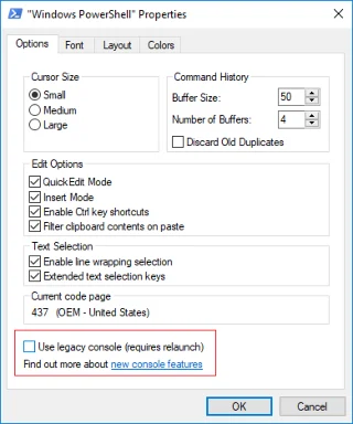 Schakel verouderde console in of uit voor opdrachtprompt en PowerShell in Windows 10
