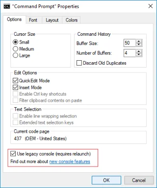 Schakel verouderde console in of uit voor opdrachtprompt en PowerShell in Windows 10
