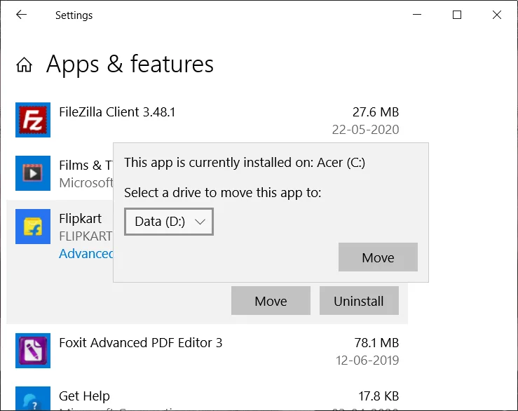 Geïnstalleerde programma's naar een andere schijf verplaatsen in Windows 10