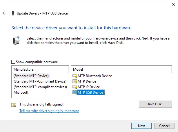 Installatie van MTP USB-apparaatstuurprogramma mislukt