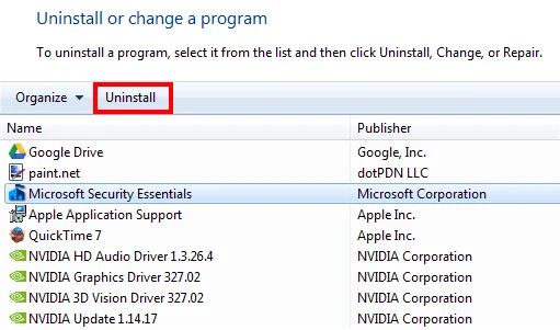 Windows10でMicrosoftSecurityEssentialsをアンインストールする