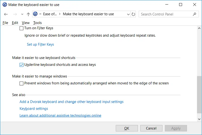 在 Windows 10 中啟用或禁用下劃線訪問鍵快捷方式