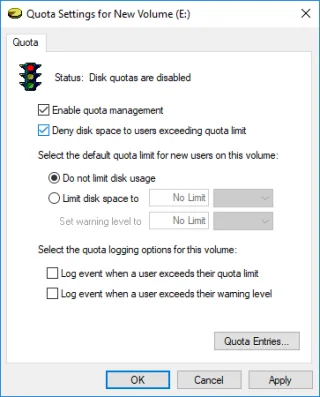 Schakel limieten voor schijfquota in of uit in Windows 10