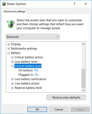 Windows10でクリティカルバッテリーレベルを変更する