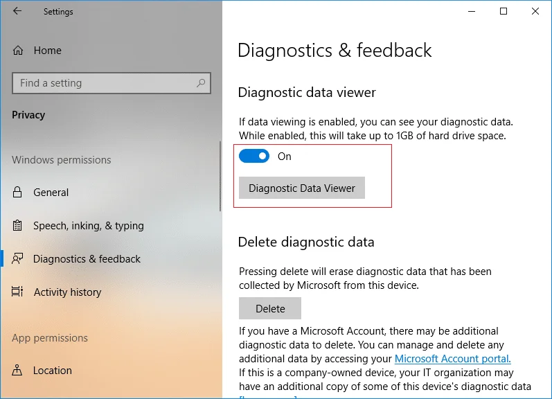 تمكين أو تعطيل عارض البيانات التشخيصية في نظام التشغيل Windows 10