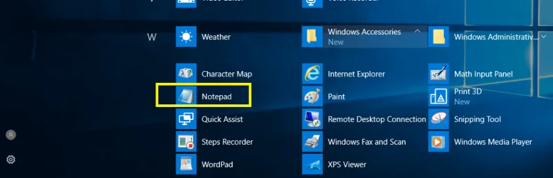 Menu Démarrer pour ouvrir Bloc-notes