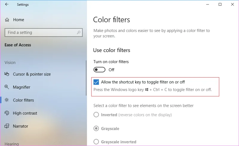 Schakel kleurenfilters in of uit in Windows 10