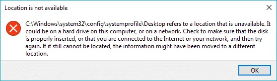Fix Desktop verwijst naar een locatie die niet beschikbaar is