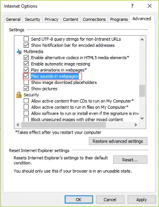 Correction de l'absence de son sur Internet Explorer 11