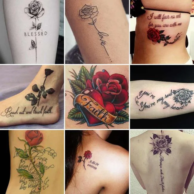 Rosentattoo mit Schriftzug