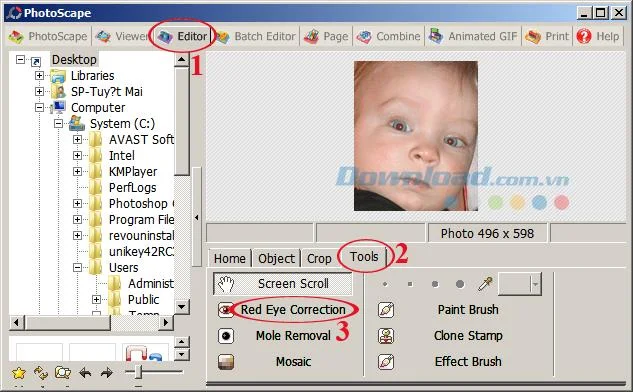 Usuń efekt czerwonych oczu za pomocą PhotoScape