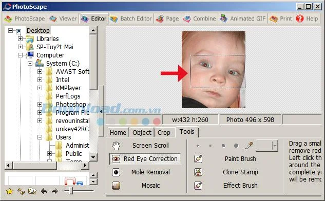 Usuń efekt czerwonych oczu za pomocą PhotoScape