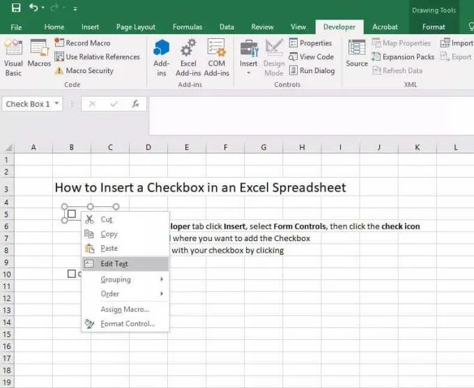 Excelde onay kutuları ekleme talimatları