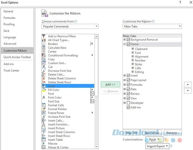 Instructies voor het instellen van Ribbon in Microsoft Excel 2016