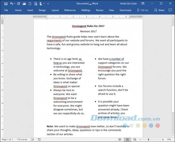 Instructies voor het maken van kolommen en het breken van kolommen in Microsoft Word 2016