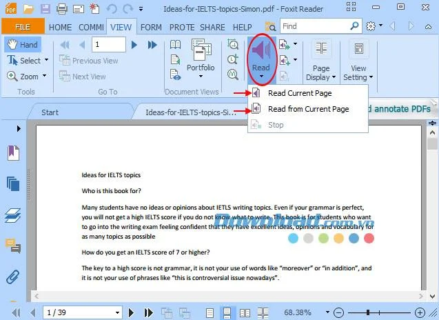 Activeer de tekstleesmodus in Foxit Reader