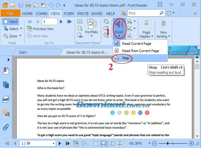 Activeer de tekstleesmodus in Foxit Reader