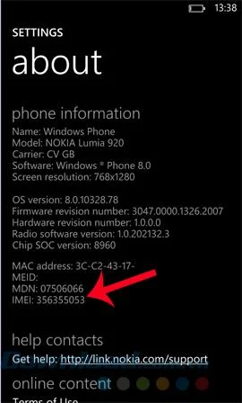 IMEI 확인 방법, Windows Phone의 IMEI 확인