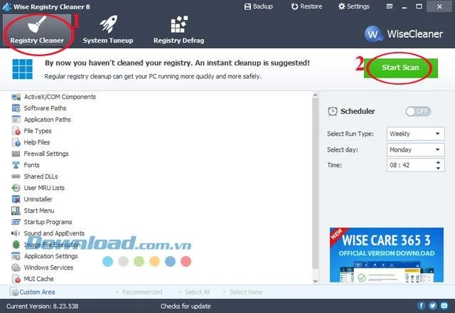 Instructions for installing and cleaning the system with Wise Registry Cleaner