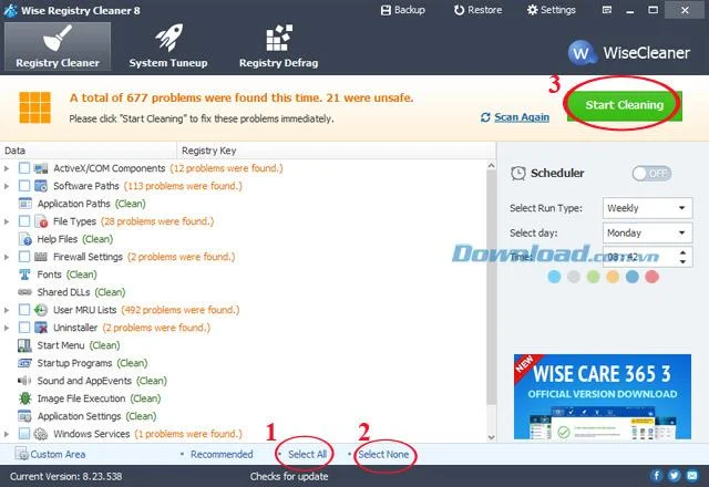 Instructions for installing and cleaning the system with Wise Registry Cleaner