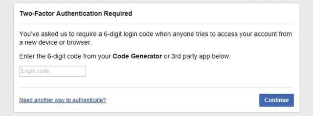 How to log into Facebook when losing access to Code Generator