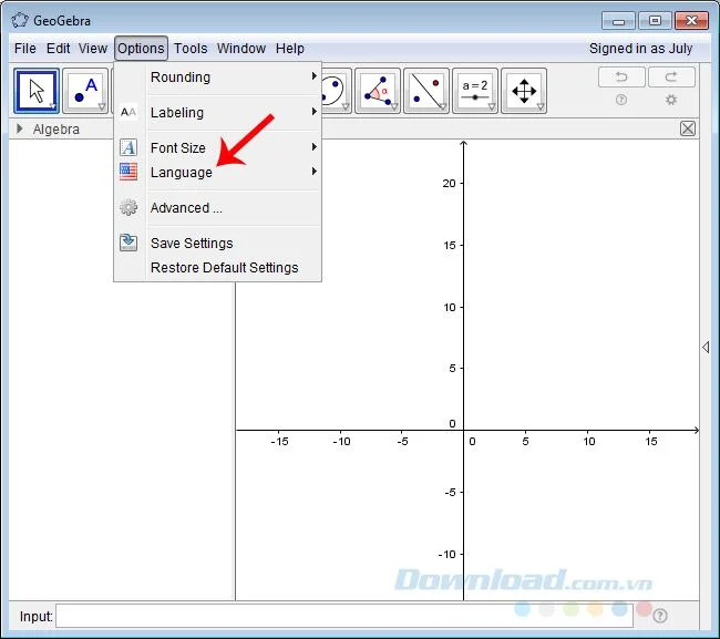 نحوه تغییر زبان Geogebra به ویتنامی