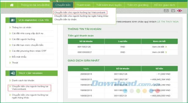 गाइड और रजिस्टर करने के लिए Vietcombank इंटरनेट बैंकिंग का उपयोग करें
