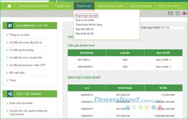 गाइड और रजिस्टर करने के लिए Vietcombank इंटरनेट बैंकिंग का उपयोग करें